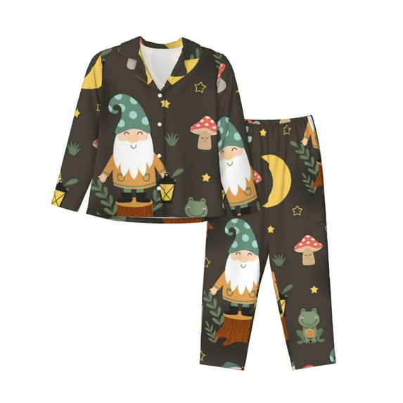 Yiaed Gnome Insect Frog Print Pajamas Women's Long Sleeve Sleepwear Soft Button Down Loungewear Pjs Lounge Set Nightwear Womens Pajama Pants-XX-Large