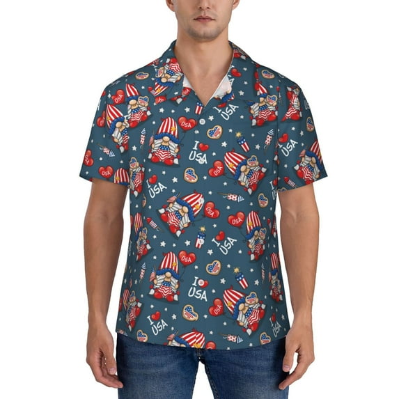 Yiaed Gnome Love USA Print Hawaiian Shirt for Men Short Sleeve Button Down Shirts Beach Shirts for Men-3X-Large