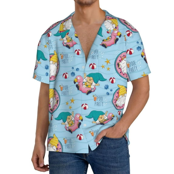 Yiaed Gnome Pool Party Print Mens Casual Wrinkle Free Shirts Short Sleeve Button Down Summer Stretch Dress Shirt-3X-Large