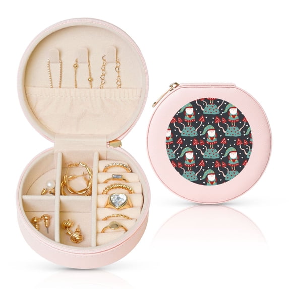Yiaed Gnome With Mushroom 2 Print Travel Jewelry Case Bridesmaid Gift Boxes Jewelry Travel Organizer Small Round Jewelry Box Mini Storage-Pink
