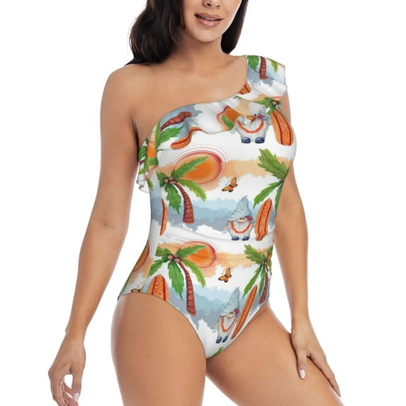 Yiaed Gnome and Surfing Print Women One Piece Swimsuits Tummy Control One Shoulder Bathing Suits Pattern Ruffle Swimwear-Small