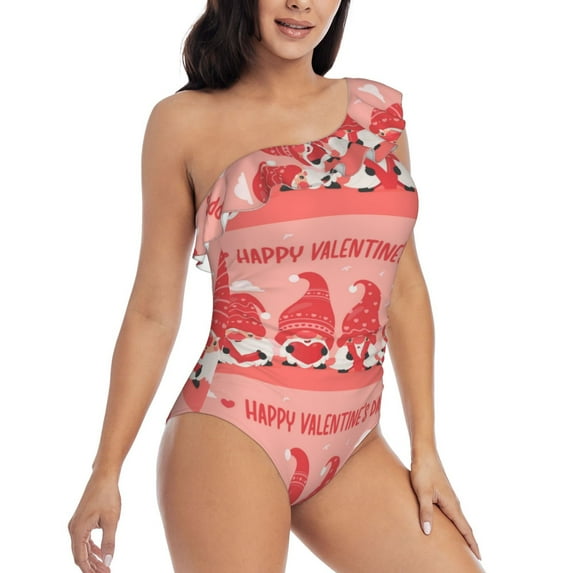 Yiaed Gnomes Hold The Letters LOVE Print Women One Piece Swimsuits Tummy Control One Shoulder Bathing Suits Pattern Ruffle Swimwear-Large