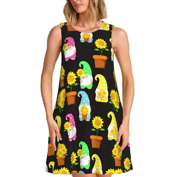 Yiaed Gnomes With Sunflowers Print Women's Sleeveless Dress, Loose Fit Summer Dress, Casual Sleeveless Dress for Women