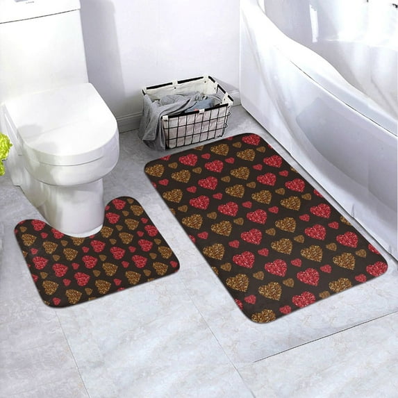 Yiaed Gold Glitter Heart Print Bathroom Mat Set 2 Pieces Mat Anti-Skid Pad Ultra Soft and Absorbent Bathroom Bath Mat Contour Bath Rugs for Toilet Base