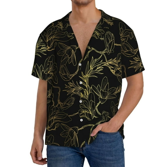 Yiaed Gold Gloss Outline Floral Print Mens Casual Wrinkle Free Shirts Short Sleeve Button Down Summer Stretch Dress Shirt-Small
