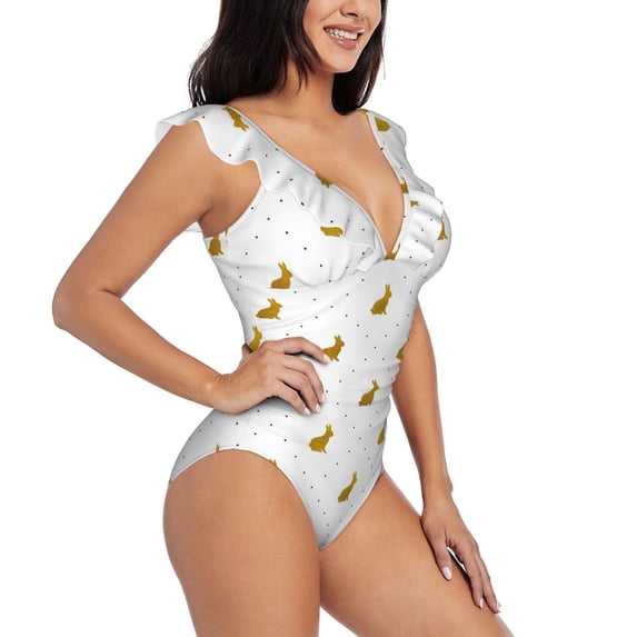 Yiaed Gold Rabbit Print Women's Ruffled One Piece Swimsuit V Neck Swimwear Slimming Monokini for Woman-Large