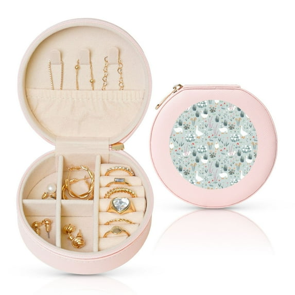 Yiaed Goose and Doodle Flowers Print Travel Jewelry Case Bridesmaid Gift Boxes Jewelry Travel Organizer Small Round Jewelry Box Mini Storage-Pink