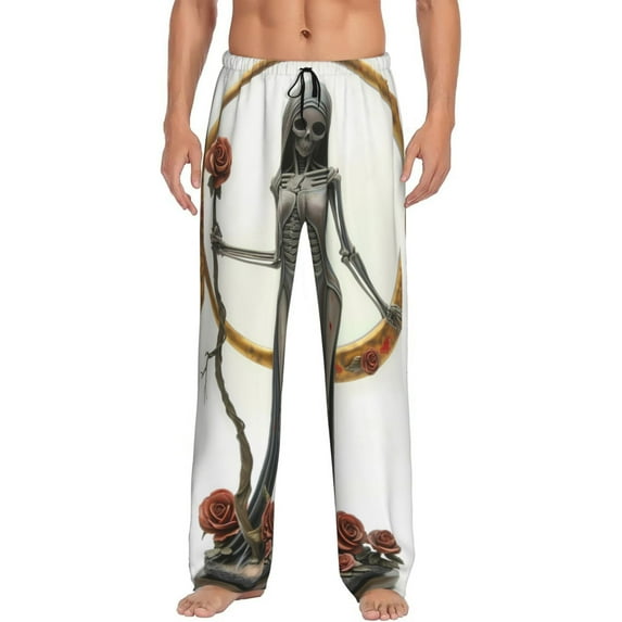 Yiaed Gothic Skeleton With Roses Print Men's Lounge Pants, Loose PJ Bottoms, Long Pajama Pants for Men-Large