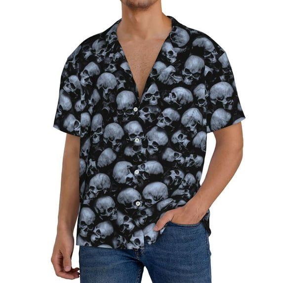 Yiaed Gothic Skull Print Mens Casual Wrinkle Free Shirts Short Sleeve Button Down Summer Stretch Dress Shirt-Small