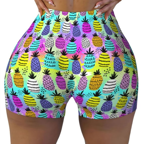 Yiaed Graffiti Pineapples Print Women's Athletic Shorts Running Shorts Sporty Short High Waisted Elastic Workout Shorts for Yoga Gym Running & Sports -XX-Large