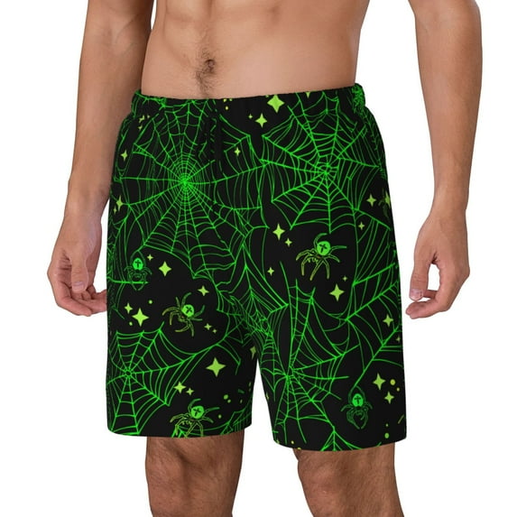 Yiaed Green Bright Web with Spiders Print Mens Swim Trunks Bathing Suit Compression Liner Beach Swim Shorts Swimwear Quick Dry Zipper Pocket No-Chafing Board Short-XX-Large