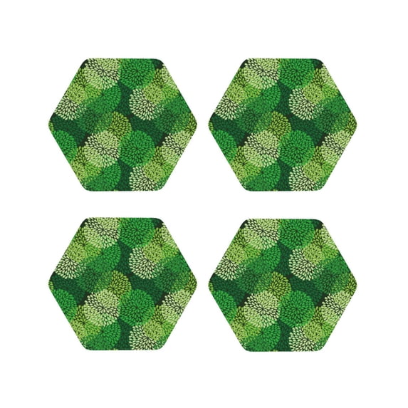Yiaed Green Flower Print Leather Coasters for Drinks - Cup Coasters Coffee Table Kitchen Table Bar, Home & Office Gifts Handmade Drink Coasters-Hexagon