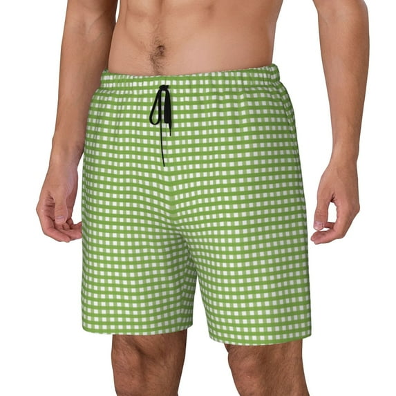 Yiaed Green Gingham Print Mens Swim Trunks Bathing Suit Compression Liner Beach Swim Shorts Swimwear Quick Dry Zipper Pocket No-Chafing Board Short-X-Large