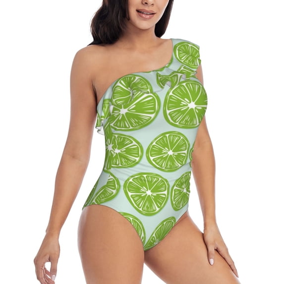 Yiaed Green Lemon Slices Print Women One Piece Swimsuits Tummy Control One Shoulder Bathing Suits Pattern Ruffle Swimwear-Large