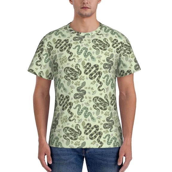 Yiaed Green Snake Print Mens Short Sleeve Tight Fit T-Shirt, Crewneck Casual Tee-X-Large