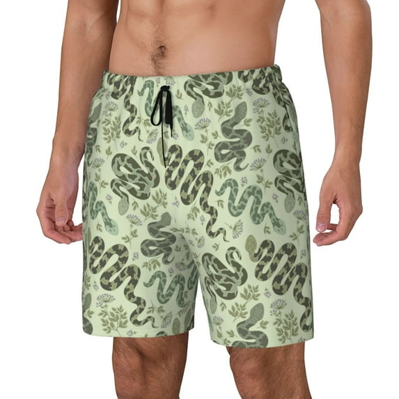Yiaed Green Snake Print Mens Swim Trunks Bathing Suit Compression Liner Beach Swim Shorts Swimwear Quick Dry Zipper Pocket No-Chafing Board Short-3X-Large