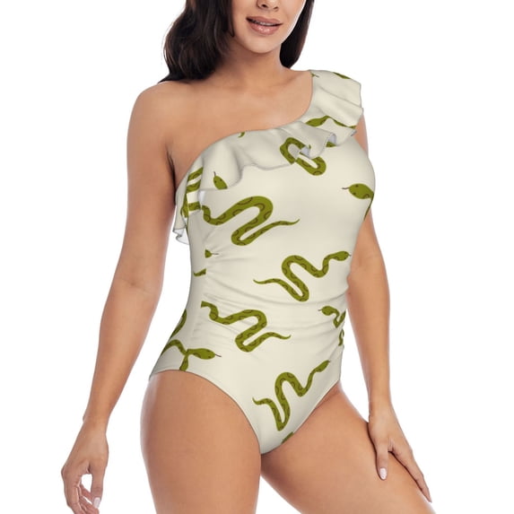 Yiaed Green Snake Print Women One Piece Swimsuits Tummy Control One Shoulder Bathing Suits Pattern Ruffle Swimwear-Large