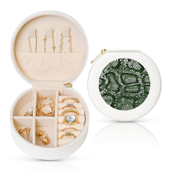 Yiaed Green Snakeskin Print Travel Jewelry Case Bridesmaid Gift Boxes Jewelry Travel Organizer Small Round Jewelry Box Mini Storage-White