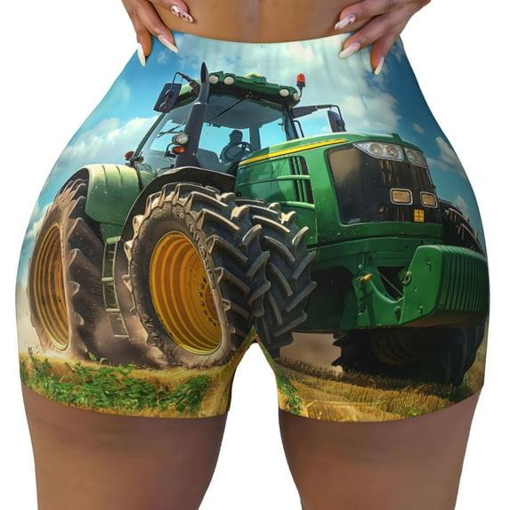 Yiaed Green Tractor Field Print Women's Athletic Shorts Running Shorts Sporty Short High Waisted Elastic Workout Shorts for Yoga Gym Running & Sports -Medium