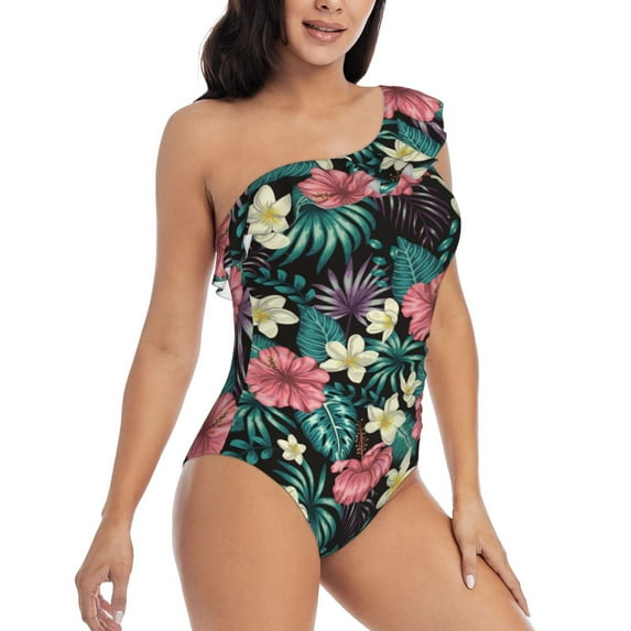 Yiaed Green Tropical Leaves Print Women One Piece Swimsuits Tummy Control One Shoulder Bathing Suits Pattern Ruffle Swimwear-Small