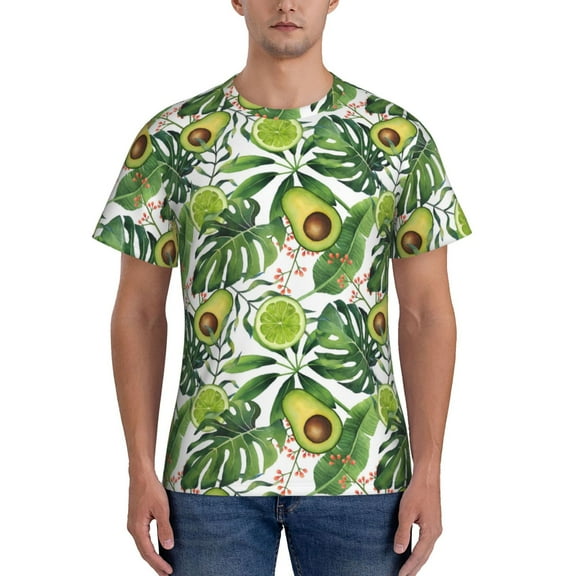 Yiaed Green Tropical Print Mens Short Sleeve Tight Fit T-Shirt, Crewneck Casual Tee-X-Large
