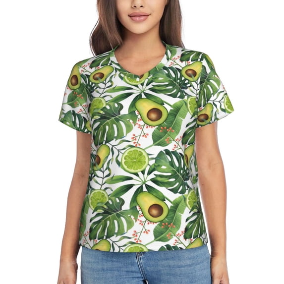 Yiaed Green Tropical Print Women's T Shirt V-Neck Short Sleeve Shirt Casual Breathable Tee Summer Tops-X-Large
