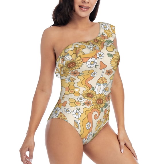 Yiaed Groovy Hippie Flower Mushrooms Print Women One Piece Swimsuits Tummy Control One Shoulder Bathing Suits Pattern Ruffle Swimwear-XX-Large