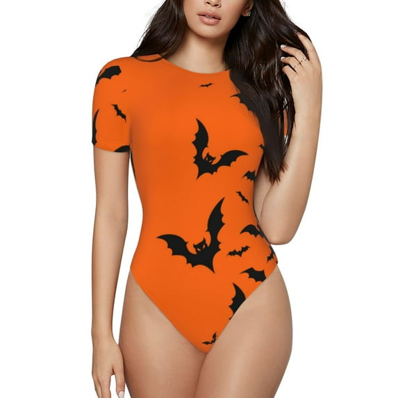 Yiaed Halloween Bats Print Women's Waist-Cinching Short-Sleeved Onesie,Elastic Onesiet,Snaps At Bottom,Easy To Put On And Take Off for Wome Bodysuit-Medium
