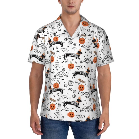 Yiaed Halloween Dachshund Print Hawaiian Shirt for Men Short Sleeve Button Down Shirts Beach Shirts for Men-X-Large