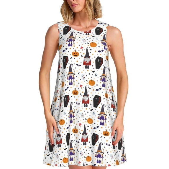Yiaed Halloween Gnome Print Women's Sleeveless Dress, Loose Fit Summer Dress, Casual Sleeveless Dress for Women
