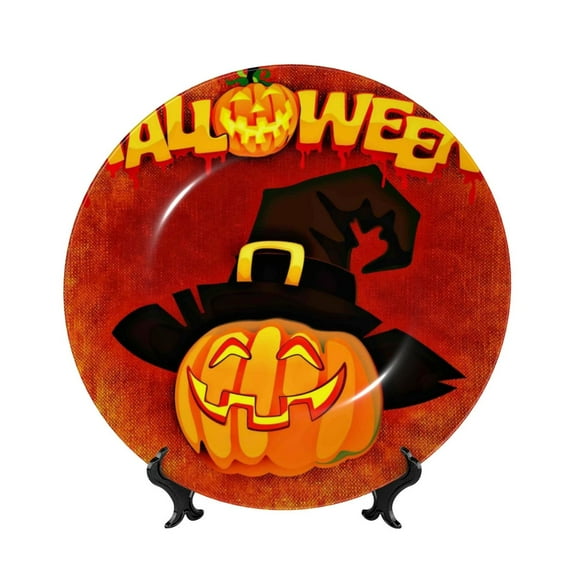Yiaed Halloween Pumpkin Print Bone China Decorative Plate Ceramic Dinner Plates Art Crafts with Display Stand-6in