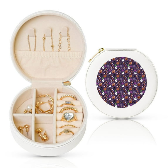 Yiaed Halloween Sweet Candy Print Travel Jewelry Case Bridesmaid Gift Boxes Jewelry Travel Organizer Small Round Jewelry Box Mini Storage-White