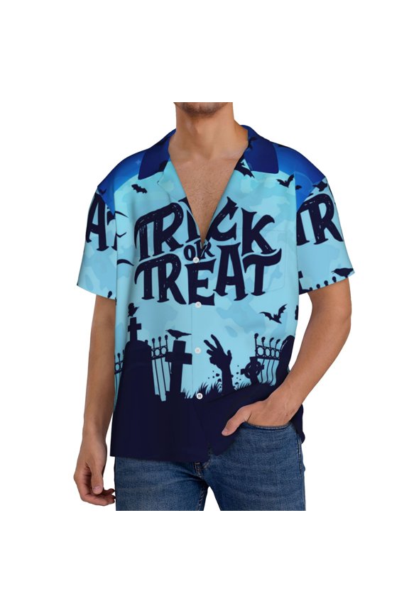 Halloween Trick Or Treat Print Mens Casual Wrinkle Free Shirts Short Sleeve Button Down Summer Stretch Dress Shirt-Large