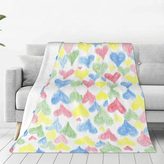 Yiaed Hand Drawn Colored Hearts Pattern Fleece Throw Blanket,Fleece Throw Blankets for Couch & Bed All Season Use -40"x30"