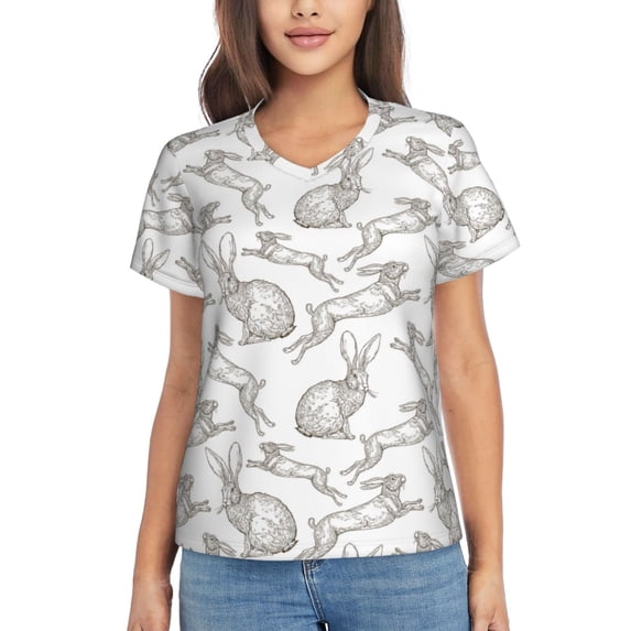 Yiaed Hand Drawn Rabbit Print Women's T Shirt V-Neck Short Sleeve Shirt Casual Breathable Tee Summer Tops-X-Large