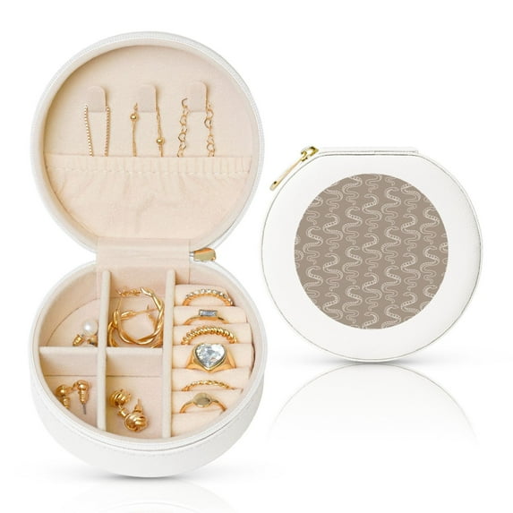 Yiaed Hand Drawn Snake Print Travel Jewelry Case Bridesmaid Gift Boxes Jewelry Travel Organizer Small Round Jewelry Box Mini Storage-White