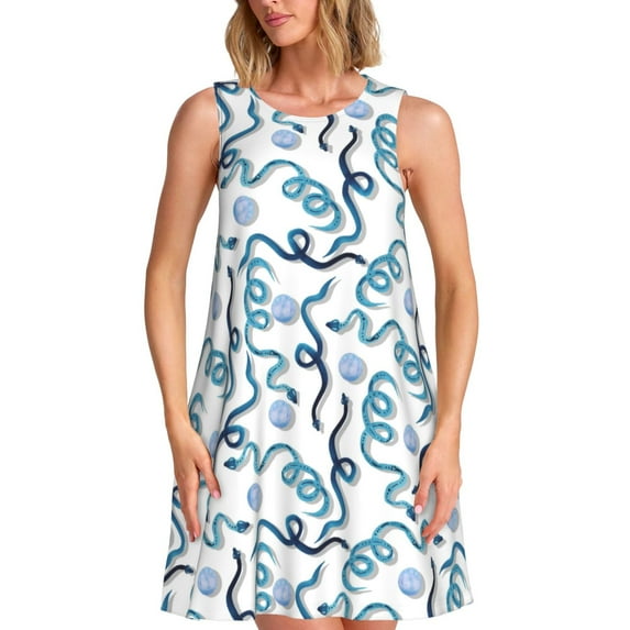 Yiaed Hand Drawn Snake Print Women's Sleeveless Dress, Loose Fit Summer Dress, Casual Sleeveless Dress for Women