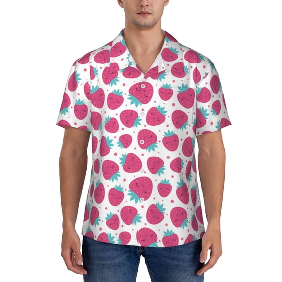Yiaed Hand Drawn Strawberry Print Hawaiian Shirt for Men Short Sleeve Button Down Shirts Beach Shirts for Men-3X-Large