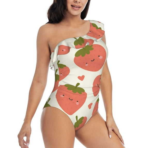 Yiaed Hand Drawn Strawberry Print Women One Piece Swimsuits Tummy Control One Shoulder Bathing Suits Pattern Ruffle Swimwear-Small