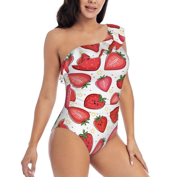 Yiaed Hand Drawn Strawberry Print Women One Piece Swimsuits Tummy Control One Shoulder Bathing Suits Pattern Ruffle Swimwear-Small