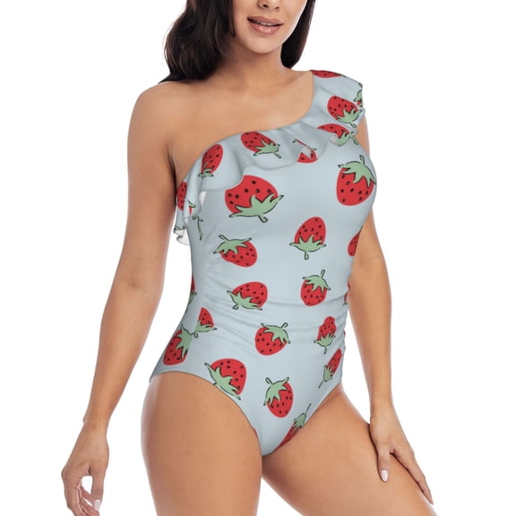 Yiaed Hand Drawn Strawberry Print Women One Piece Swimsuits Tummy Control One Shoulder Bathing Suits Pattern Ruffle Swimwear-XX-Large