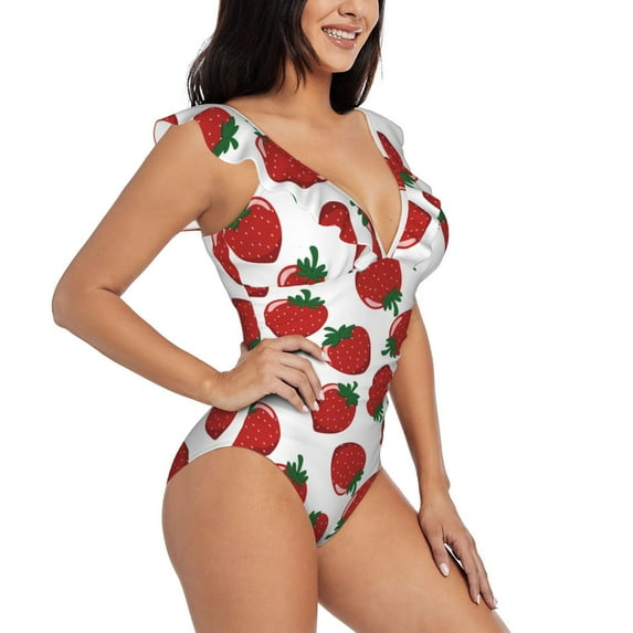 Yiaed Hand Drawn Strawberry Print Women's Ruffled One Piece Swimsuit V Neck Swimwear Slimming Monokini for Woman-Large