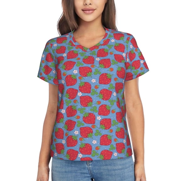 Yiaed Hand Drawn Strawberry Print Women's T Shirt V-Neck Short Sleeve Shirt Casual Breathable Tee Summer Tops-Medium