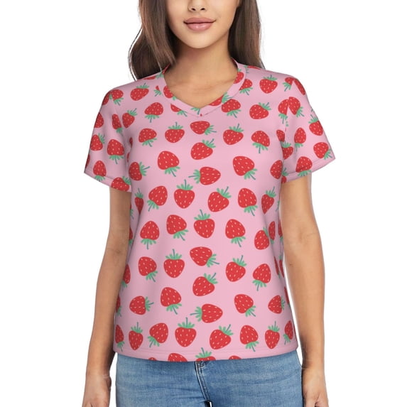 Yiaed Hand Drawn Strawberry Print Women's T Shirt V-Neck Short Sleeve Shirt Casual Breathable Tee Summer Tops-Medium