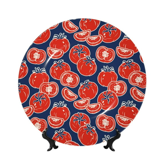 Yiaed Hand Drawn Tomatoes Print Bone China Decorative Plate Ceramic Dinner Plates Art Crafts with Display Stand-10in