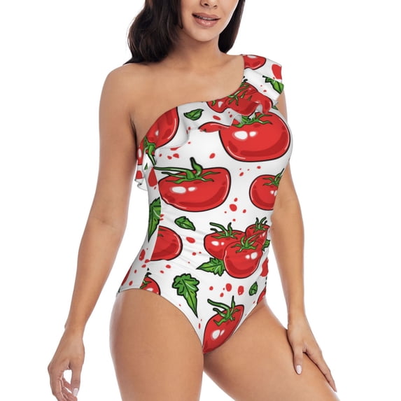 Yiaed Hand Drawn Tomatoes Print Women One Piece Swimsuits Tummy Control One Shoulder Bathing Suits Pattern Ruffle Swimwear-Small