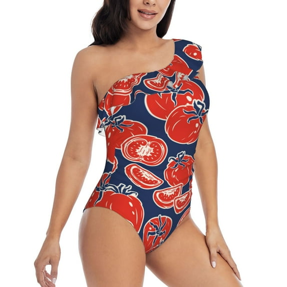 Yiaed Hand Drawn Tomatoes Print Women One Piece Swimsuits Tummy Control One Shoulder Bathing Suits Pattern Ruffle Swimwear-X-Large