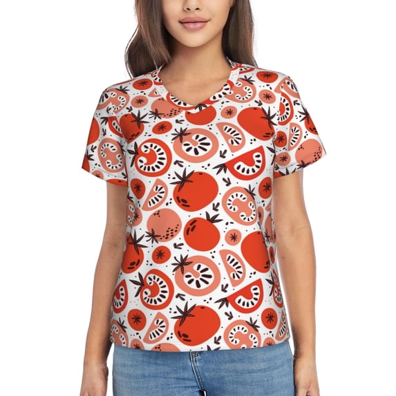 Yiaed Hand Drawn Tomatoes Print Women's T Shirt V-Neck Short Sleeve Shirt Casual Breathable Tee Summer Tops-Small