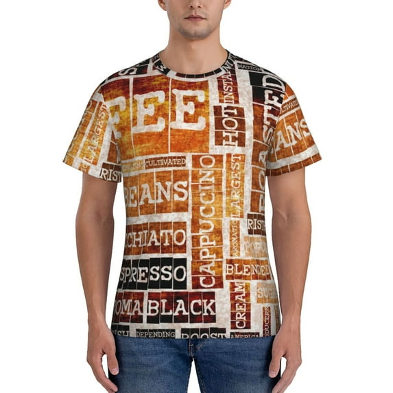 Yiaed Hand Drawn Vintage Coffee Print Mens Short Sleeve Tight Fit T-Shirt, Crewneck Casual Tee-3X-Large