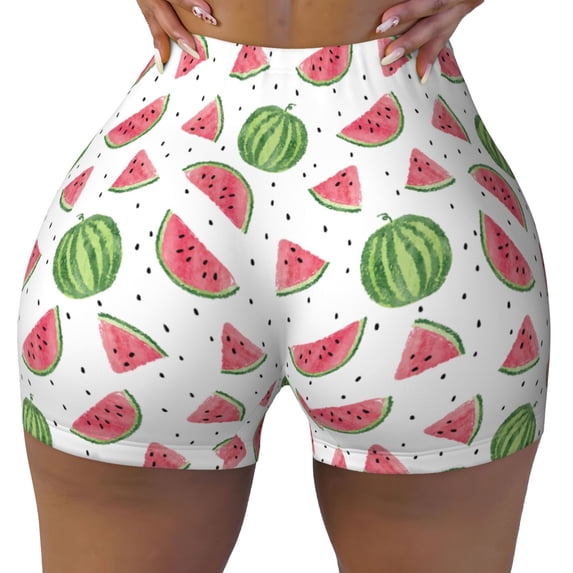 Yiaed Hand Drawn Watermelon Print Women's Athletic Shorts Running Shorts Sporty Short High Waisted Elastic Workout Shorts for Yoga Gym Running & Sports -X-Large